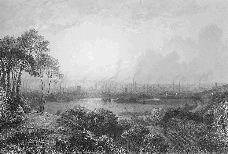 Engraving of Manchester, England, with dozens of smoking mill chimneys